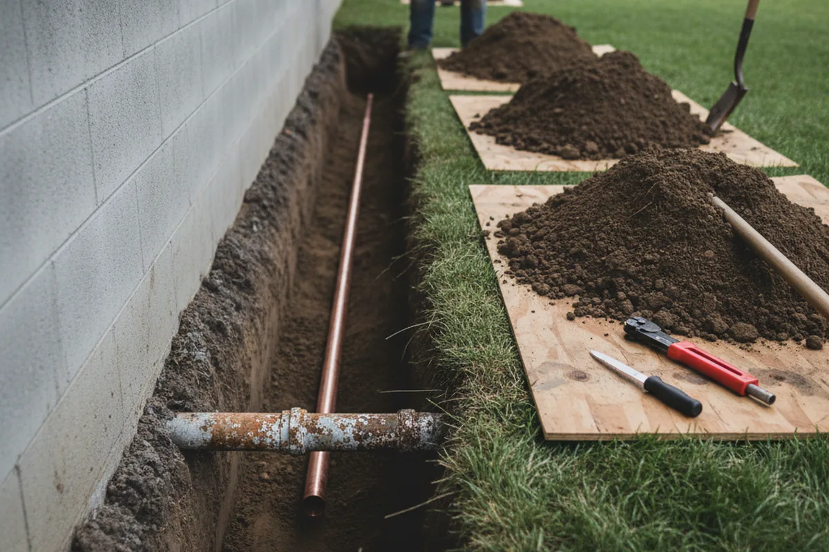 Excavated water line trench during Water Softener Installation in Summit Point